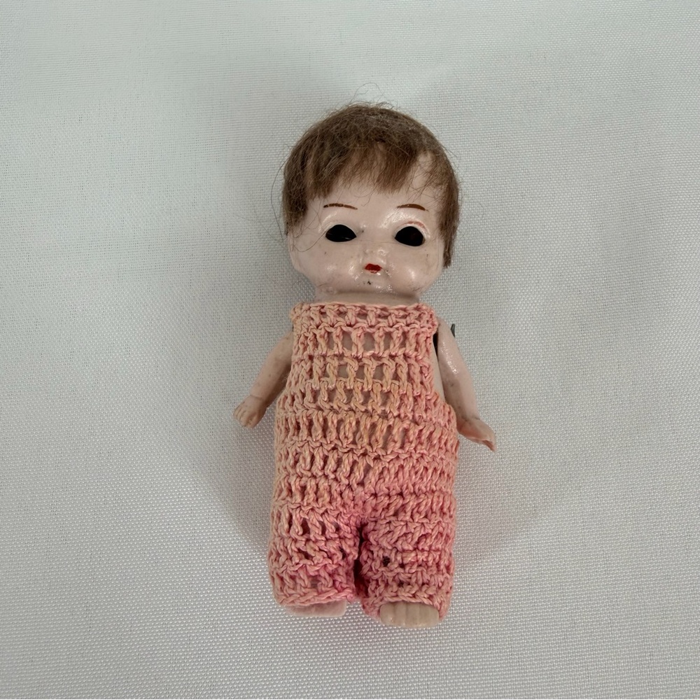 Antique German Doll Miniature in Pink Crocheted Jumper 3.5 inches